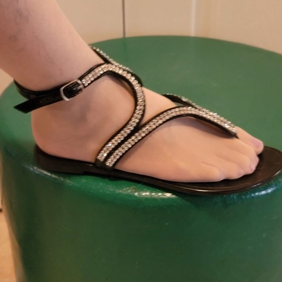 Black and rhinestone-style flip-flop-Sandals - Picture 3 of 7